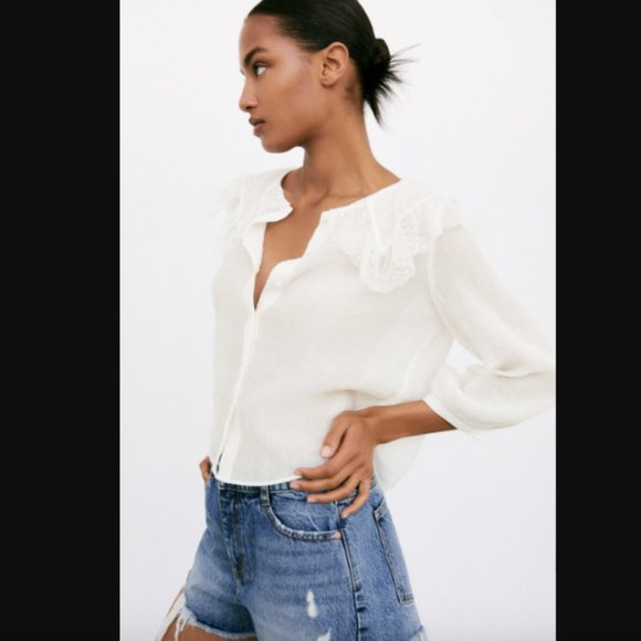 Zara Combination Lace Shirt Ecru Sz XS NWT - Picture 3 of 7